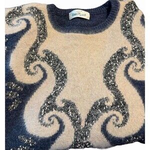 Vintage 80s Knit Sunny Bird Sweater Womens Winter Wool Sweater Tan Blue XL Cream